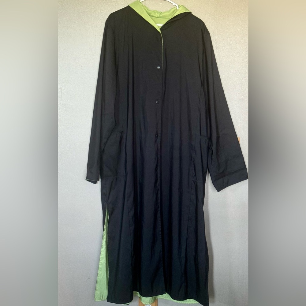 EUC Long Rain Hooded Jacket Reversible Black & Lime Green Coat - Women’s XL XXL